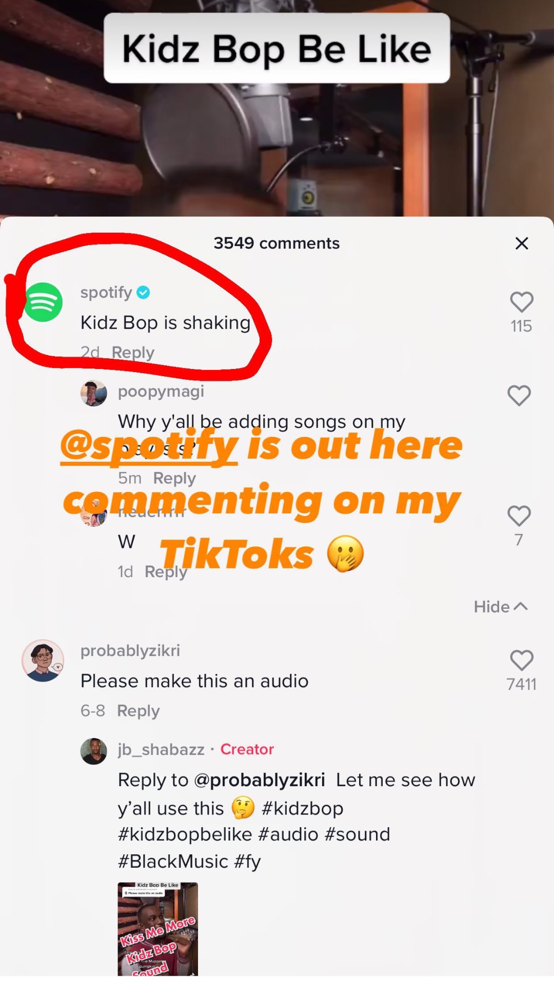 Verified Spotify comment 'Kidz Bop is shaking'